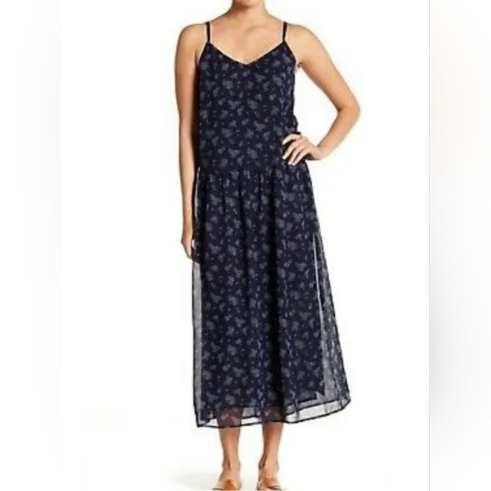 VINCE SP Coastal Navy Blue Calico Floral Print 100%SILK Cami Slip Midi Dress